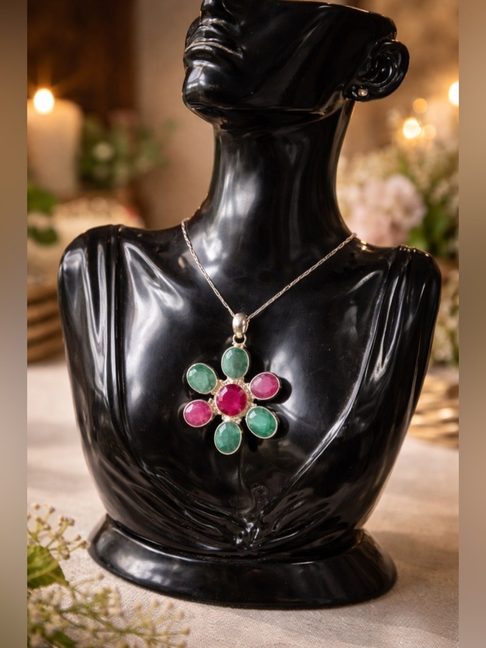 Large Genuine Ruby & Emerald Gemstone Pendant 925 Sterling Silver Artisan Flower
